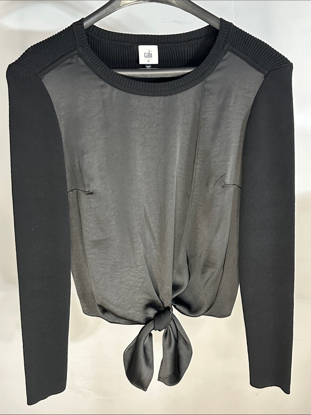 CAbi Black Tie-Front Long Sleeve Knit & Satin Top
